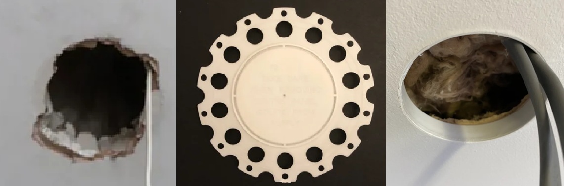 Three-stage sequence showing a rough downlight opening, a PC Products spotlight bead and a clean plastered opening